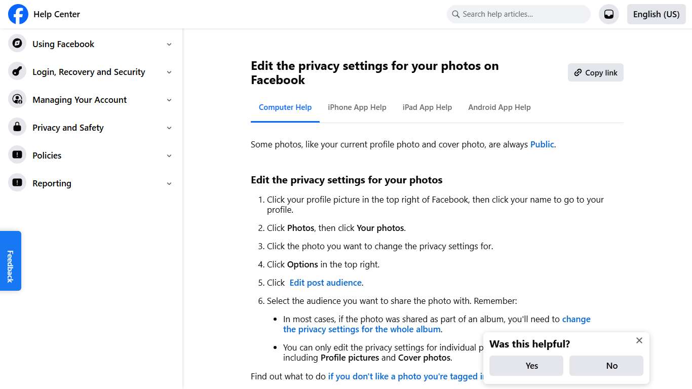 Edit the privacy settings for your photos on Facebook Facebook Help Center
